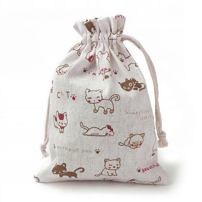 Linen Drawstring Bags Cartoon Cat Pattern - 3 Sizes