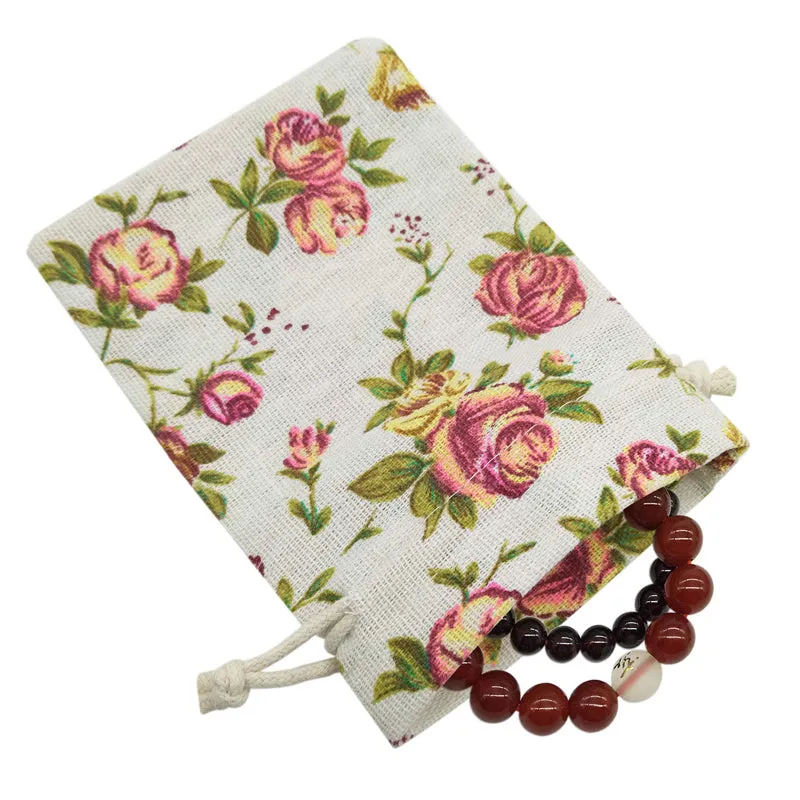 Linen Drawstring Bags Rose Pattern - 3 Sizes