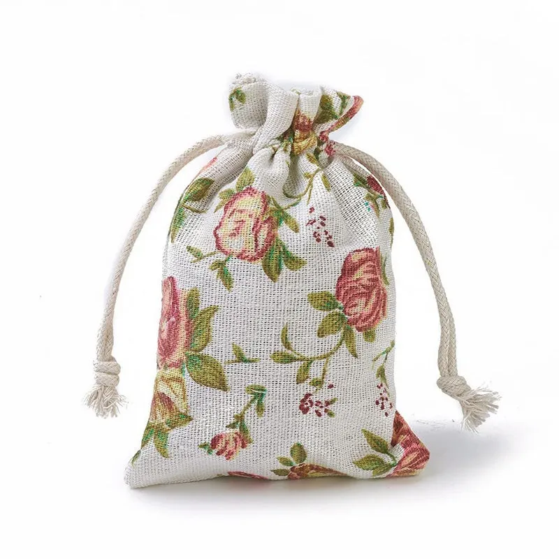 Linen Drawstring Bags Rose Pattern - 3 Sizes