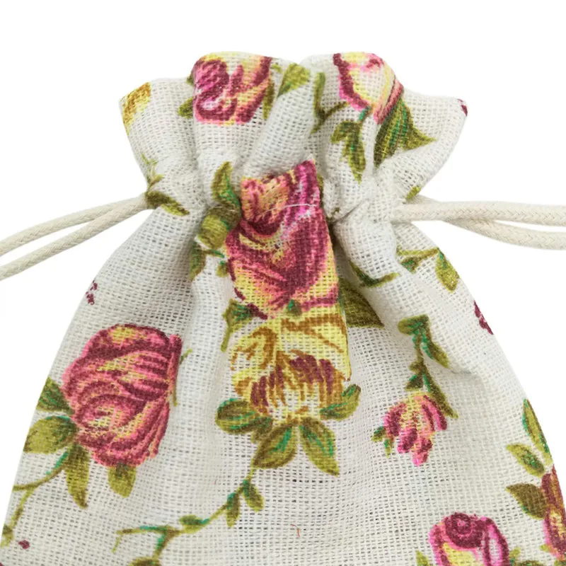 Linen Drawstring Bags Rose Pattern - 3 Sizes