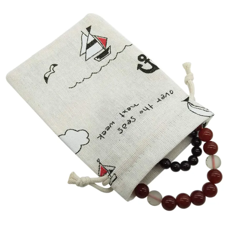 Linen Drawstring Bags Sailboat Pattern - 3 Sizes