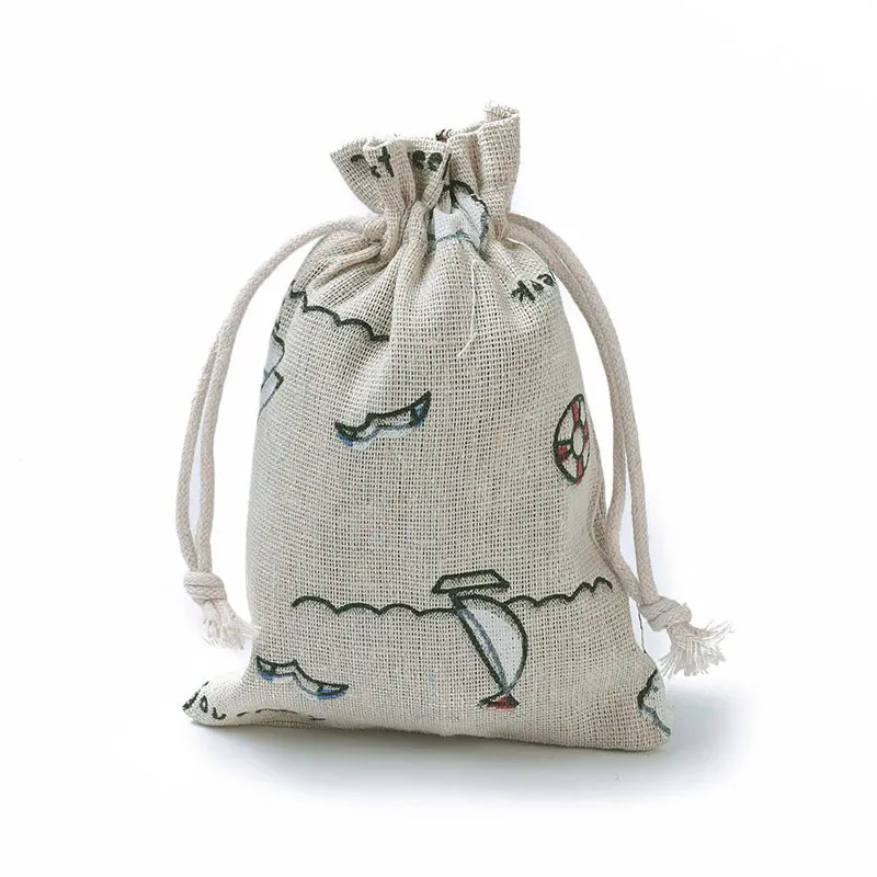 Linen Drawstring Bags Sailboat Pattern - 3 Sizes