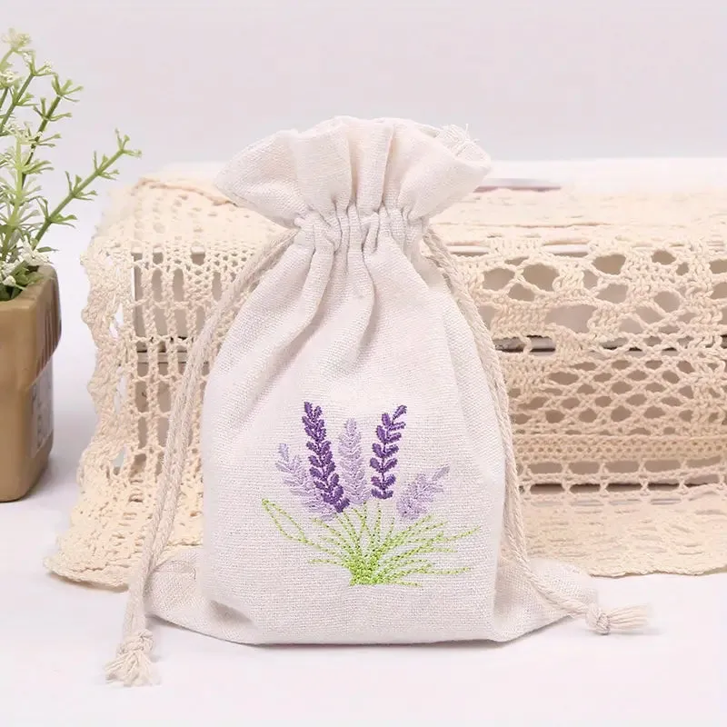 Linen Drawstring Bags with Lavender Embroidery