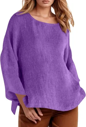 Linen Long Sleeve Shirts for Women Plus Size Summer Tops Casual Round Neck Tunic Blouses Loose Fit Tee Shirt Pullover