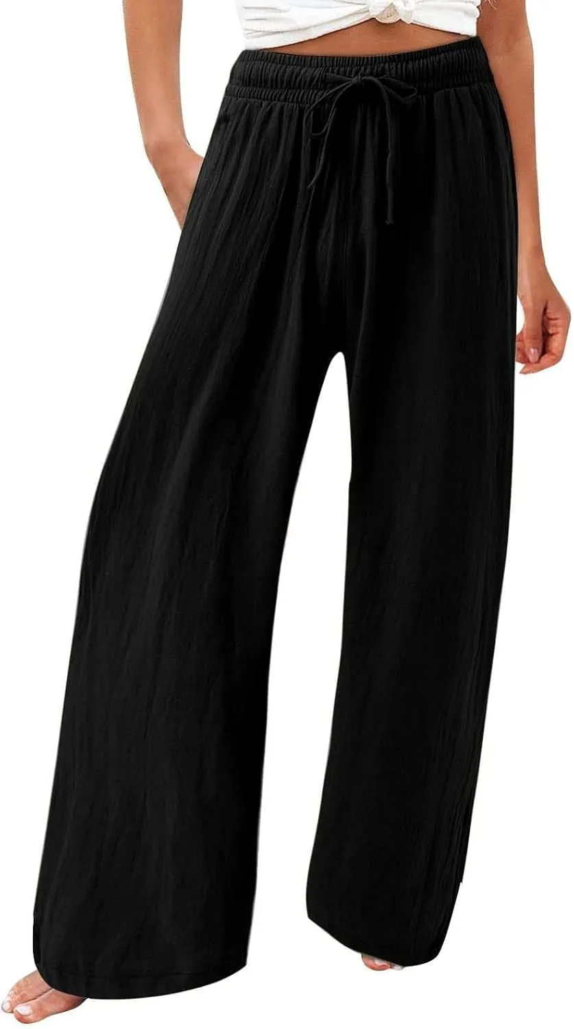 Linen Palazzo Pants for Womens 2025 Summer High Waisted Flowy Wide Leg Drawstring Casual Trousers Beach Vacation Outfits