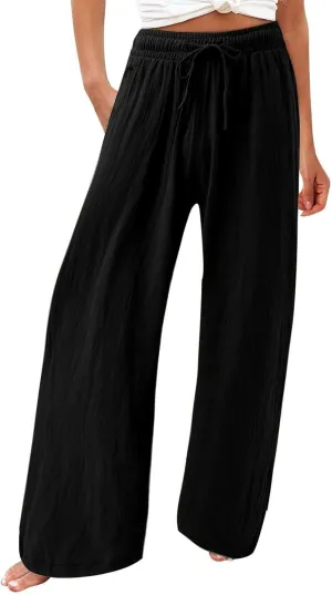 Linen Palazzo Pants for Womens 2025 Summer High Waisted Flowy Wide Leg Drawstring Casual Trousers Beach Vacation Outfits