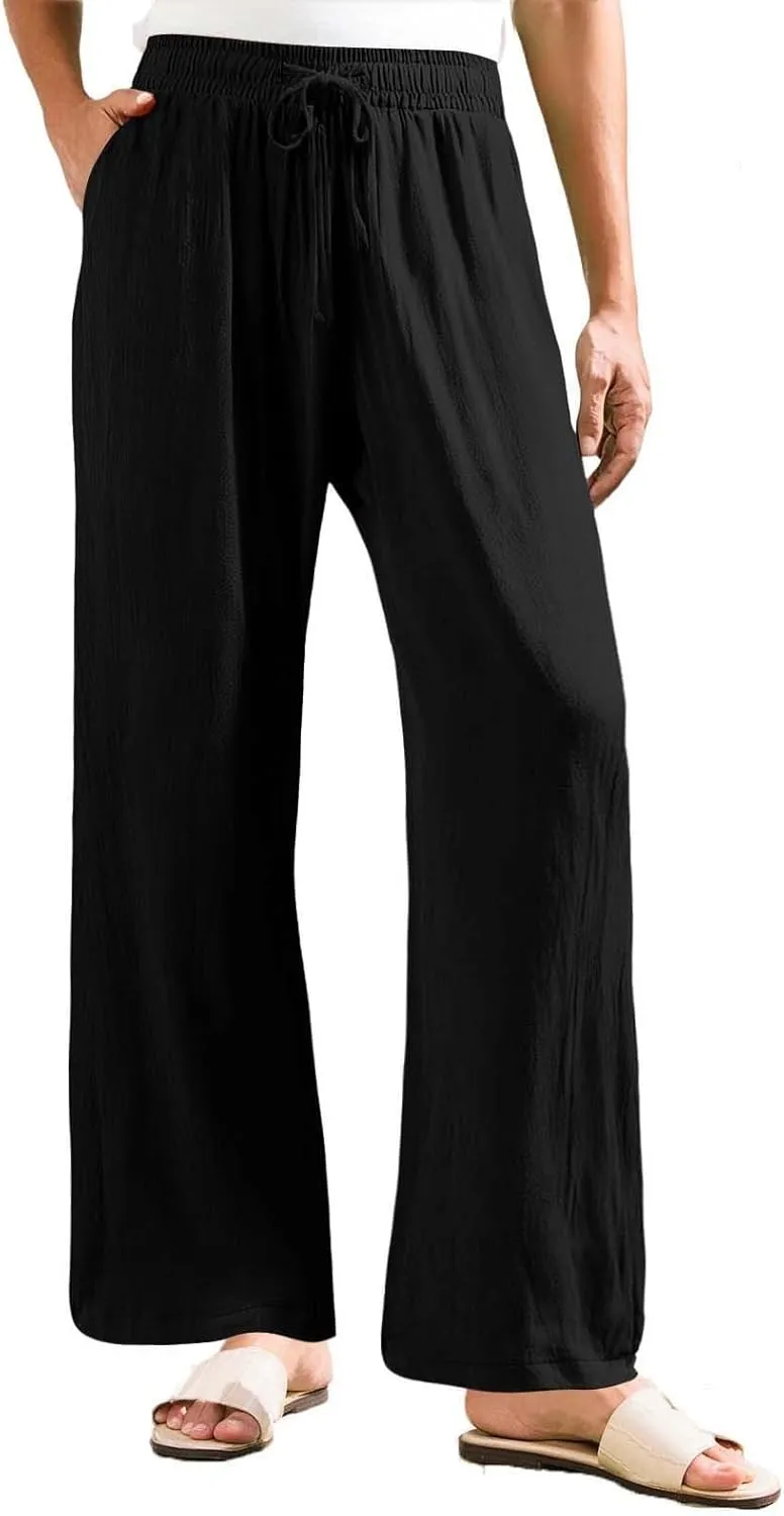Linen Palazzo Pants for Womens 2025 Summer High Waisted Flowy Wide Leg Drawstring Casual Trousers Beach Vacation Outfits