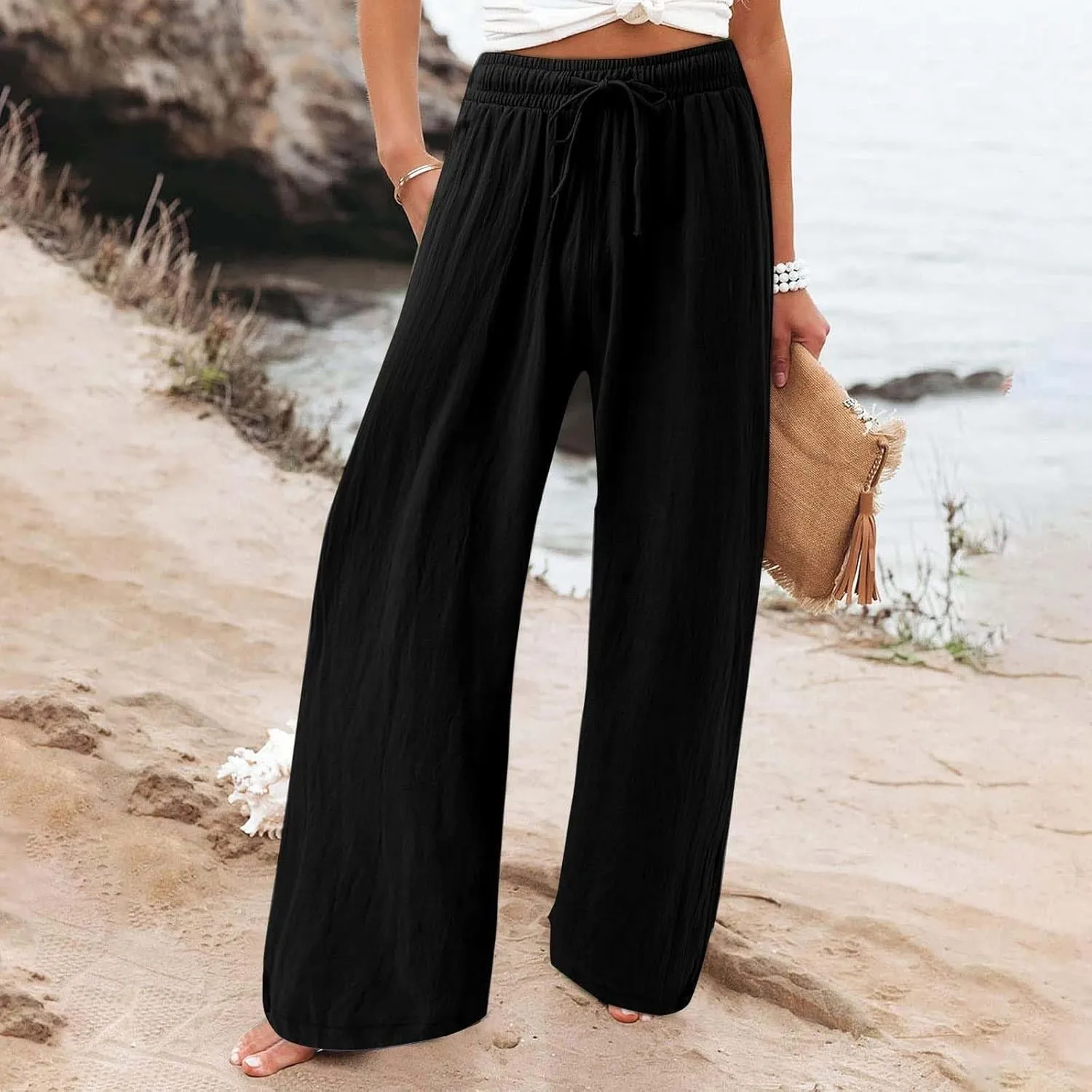 Linen Palazzo Pants for Womens 2025 Summer High Waisted Flowy Wide Leg Drawstring Casual Trousers Beach Vacation Outfits