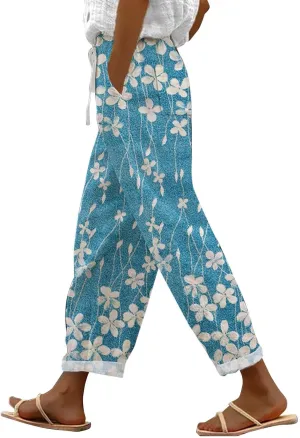 Linen Pants for Women 2025 Plus Size Summer Fashion Casual Pants Comfy Drawstring Elastic Waist Boho Beach Trouser