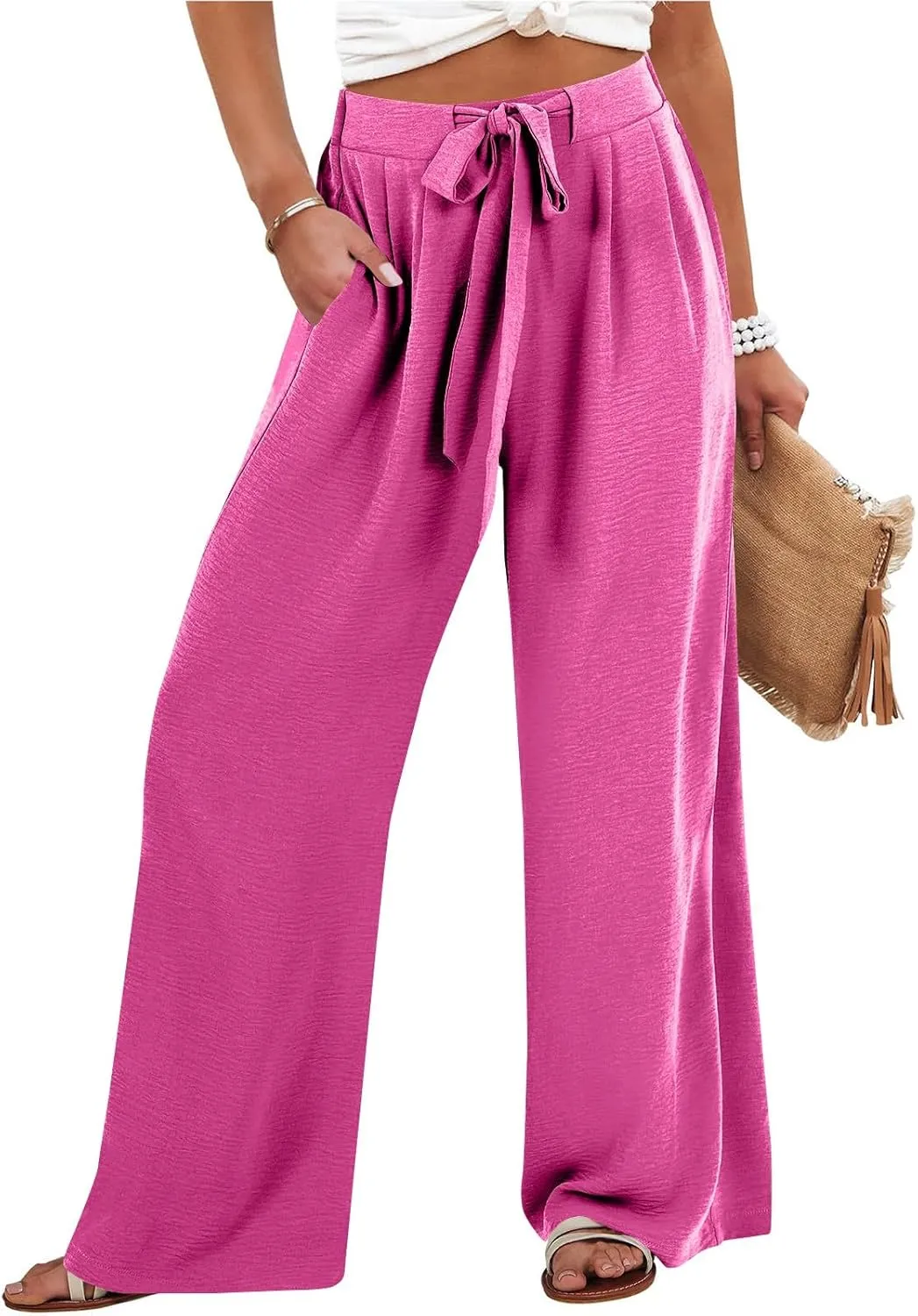 Linen Pants Women High Waisted Wide Leg Work Pants Business Casual Formal Pull On Dress Pants with Pockets Slacks