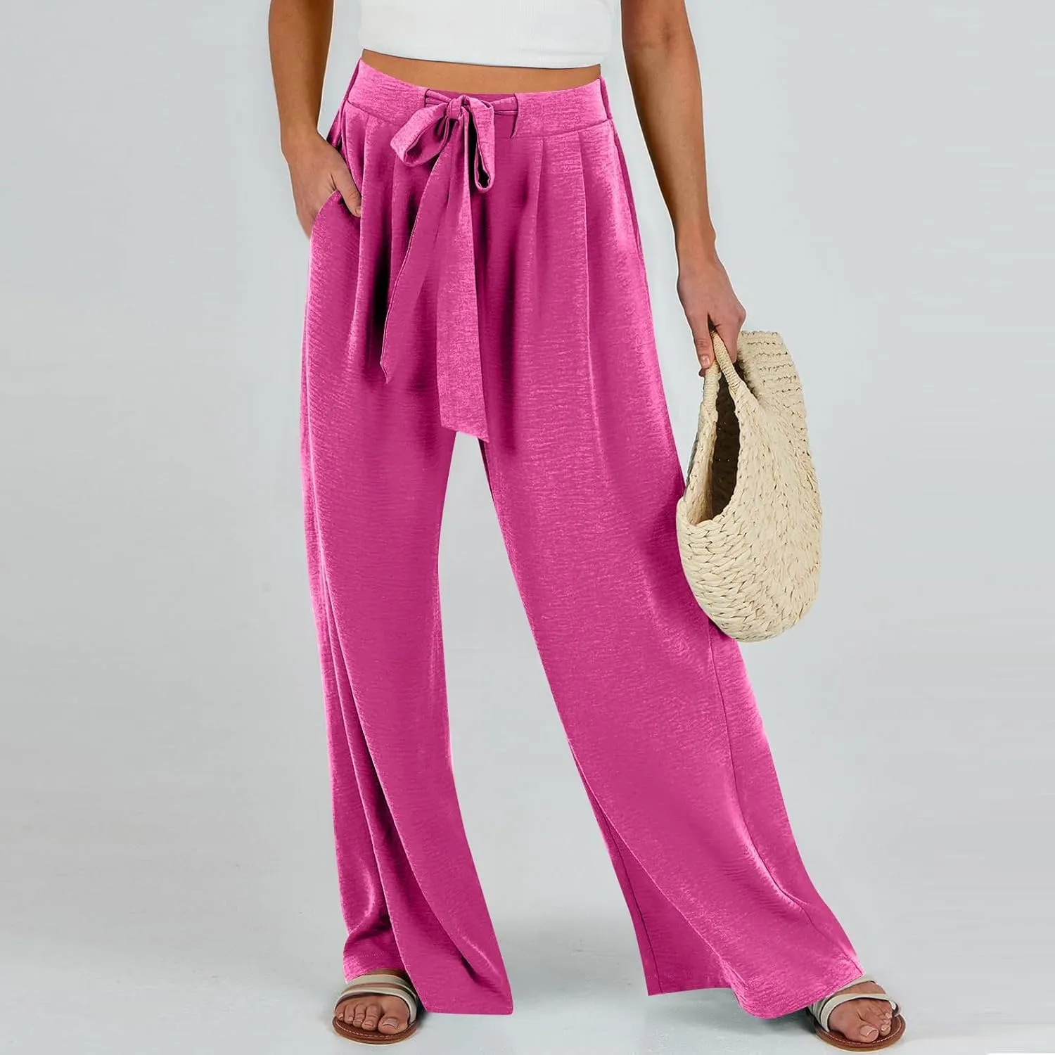 Linen Pants Women High Waisted Wide Leg Work Pants Business Casual Formal Pull On Dress Pants with Pockets Slacks