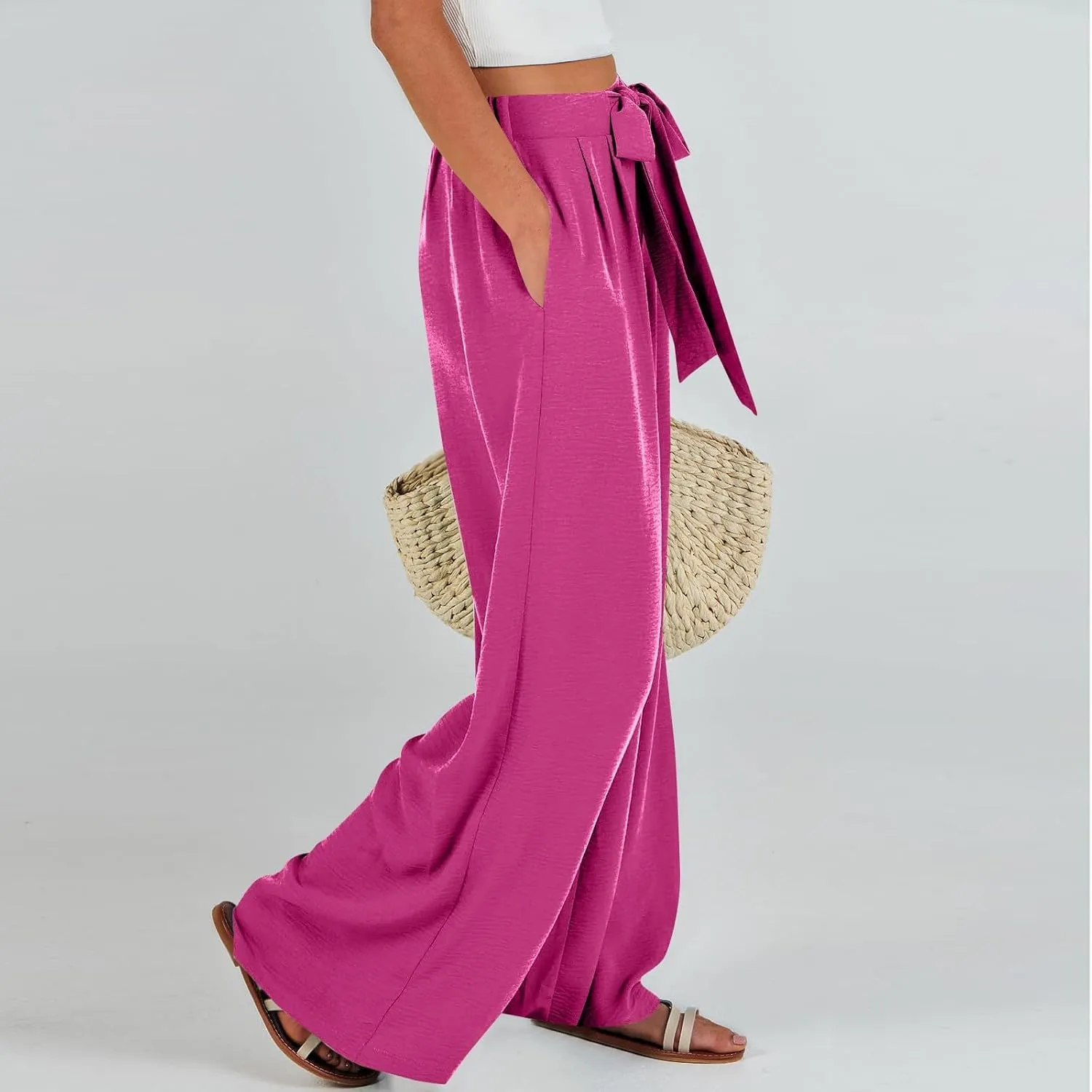 Linen Pants Women High Waisted Wide Leg Work Pants Business Casual Formal Pull On Dress Pants with Pockets Slacks
