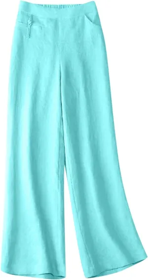 Linen Pants Women Summer Solid High Waisted Cotton Linen Palazzo Pants Wide Leg Long Lounge Trousers with Pockets
