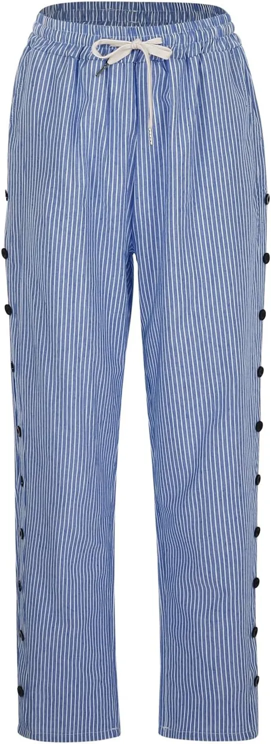 Linen Pants Women Wide Leg Summer Lightweight Trousers Side Button Elastic Waist Drawstring Vacation Beach Joggers