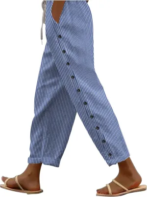 Linen Pants Women Wide Leg Summer Lightweight Trousers Side Button Elastic Waist Drawstring Vacation Beach Joggers