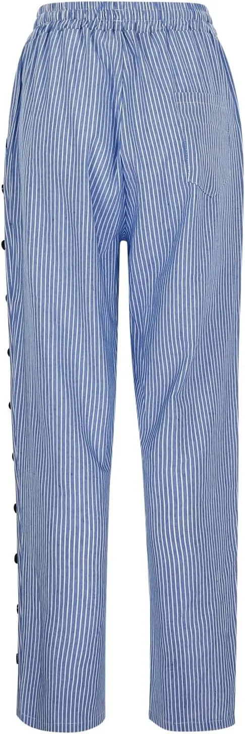Linen Pants Women Wide Leg Summer Lightweight Trousers Side Button Elastic Waist Drawstring Vacation Beach Joggers