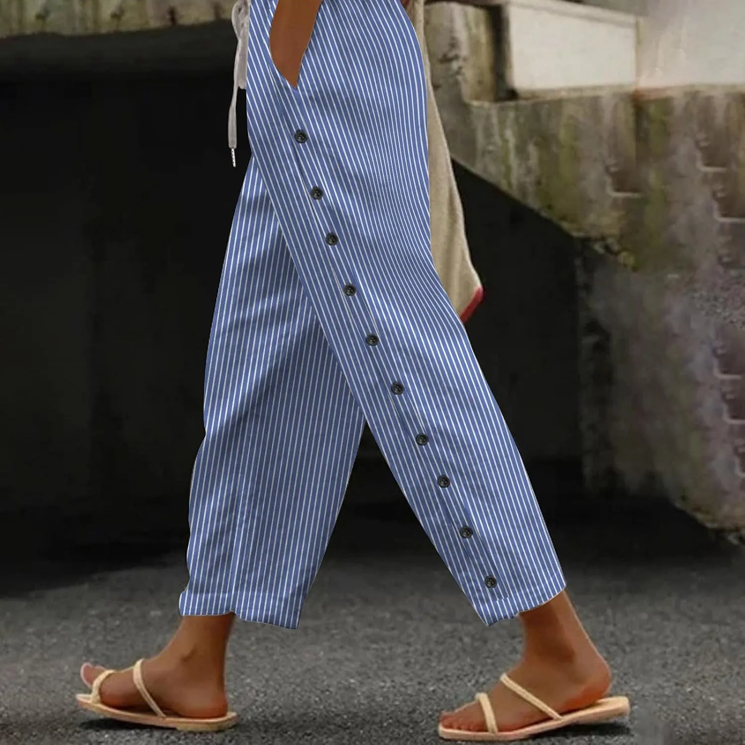 Linen Pants Women Wide Leg Summer Lightweight Trousers Side Button Elastic Waist Drawstring Vacation Beach Joggers