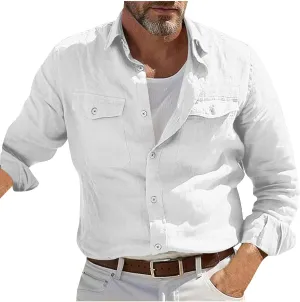Linen Shirt Men Long Sleeve Solid Color Cotton Linen Button Down Tees with Pockets 2025 Spring Casual Blouses Top