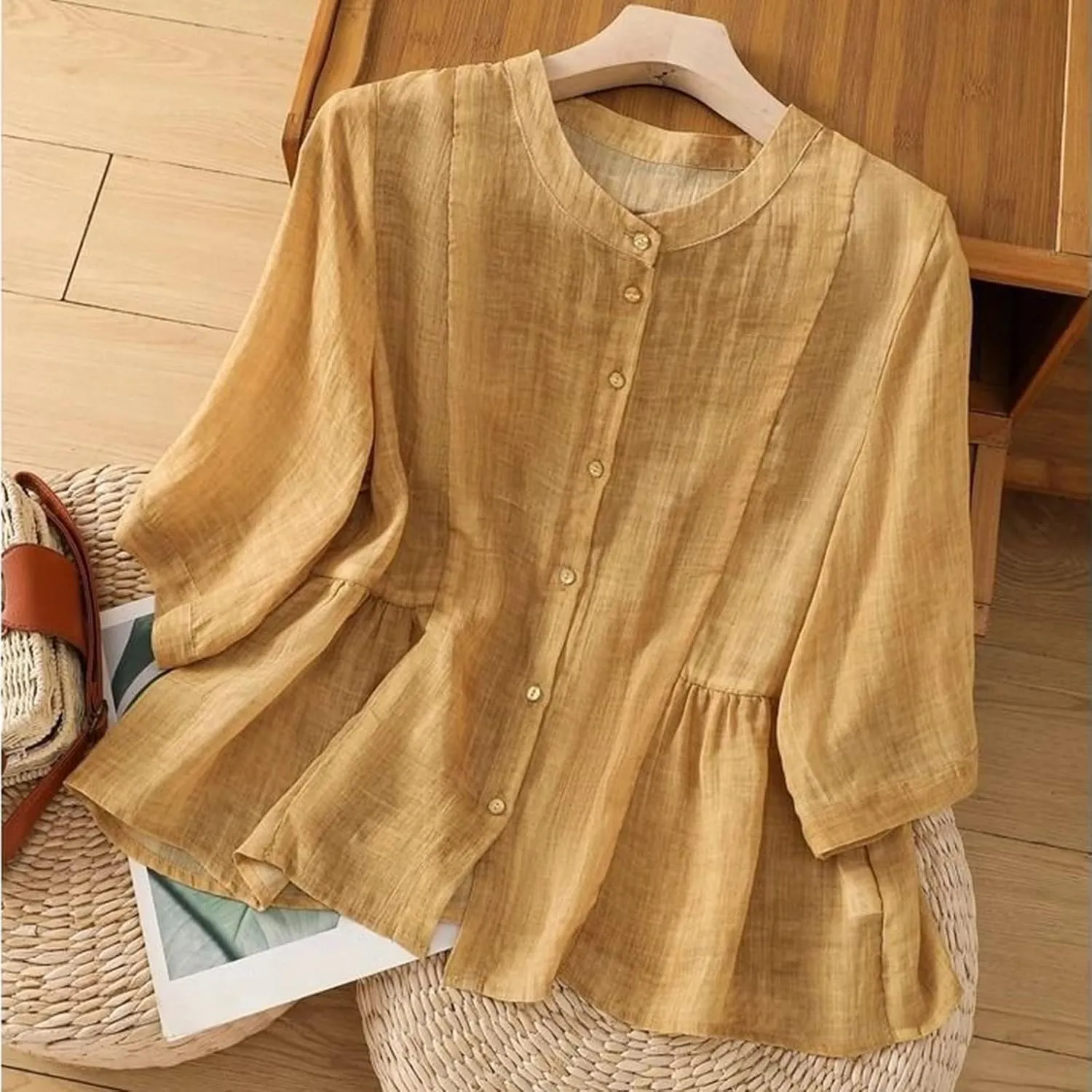 Linen Shirts for Women Button Down Dressy Summer Blouses 3/4 Length Sleeve Casual Tops Loose Fit V-Neck Tee Shirt