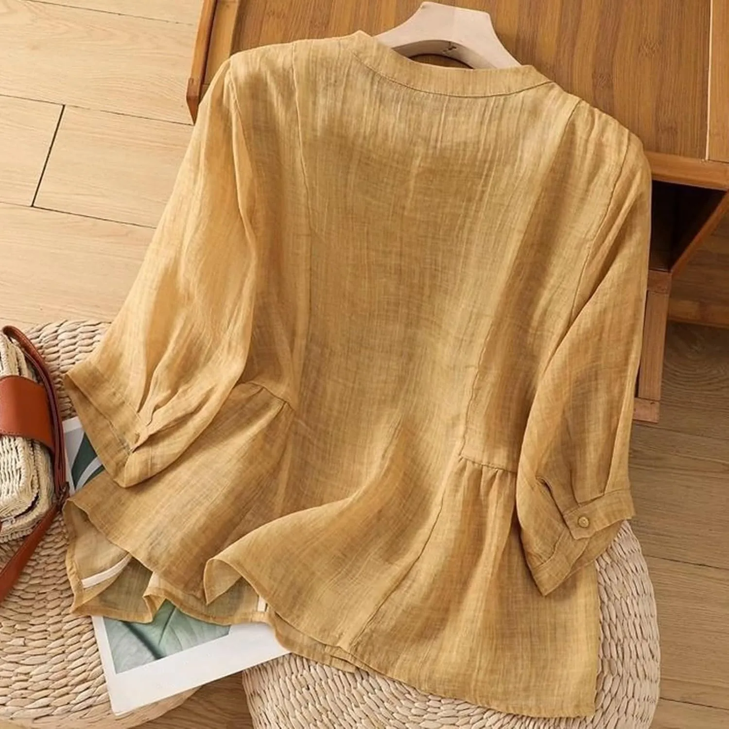 Linen Shirts for Women Button Down Dressy Summer Blouses 3/4 Length Sleeve Casual Tops Loose Fit V-Neck Tee Shirt