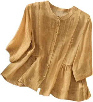 Linen Shirts for Women Button Down Dressy Summer Blouses 3/4 Length Sleeve Casual Tops Loose Fit V-Neck Tee Shirt