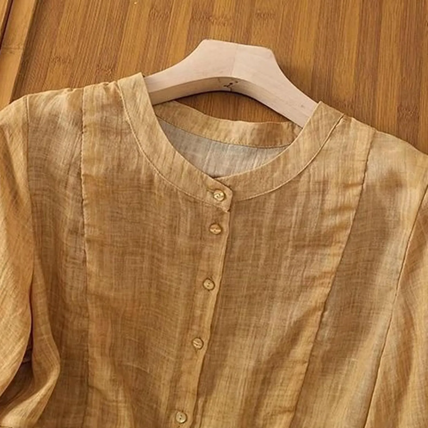 Linen Shirts for Women Button Down Dressy Summer Blouses 3/4 Length Sleeve Casual Tops Loose Fit V-Neck Tee Shirt