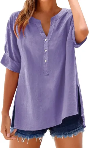 Linen Shirts for Women Button Down Shirts Short Sleeve Cotton Collared V Neck Solid Casual Blouses with Pockets