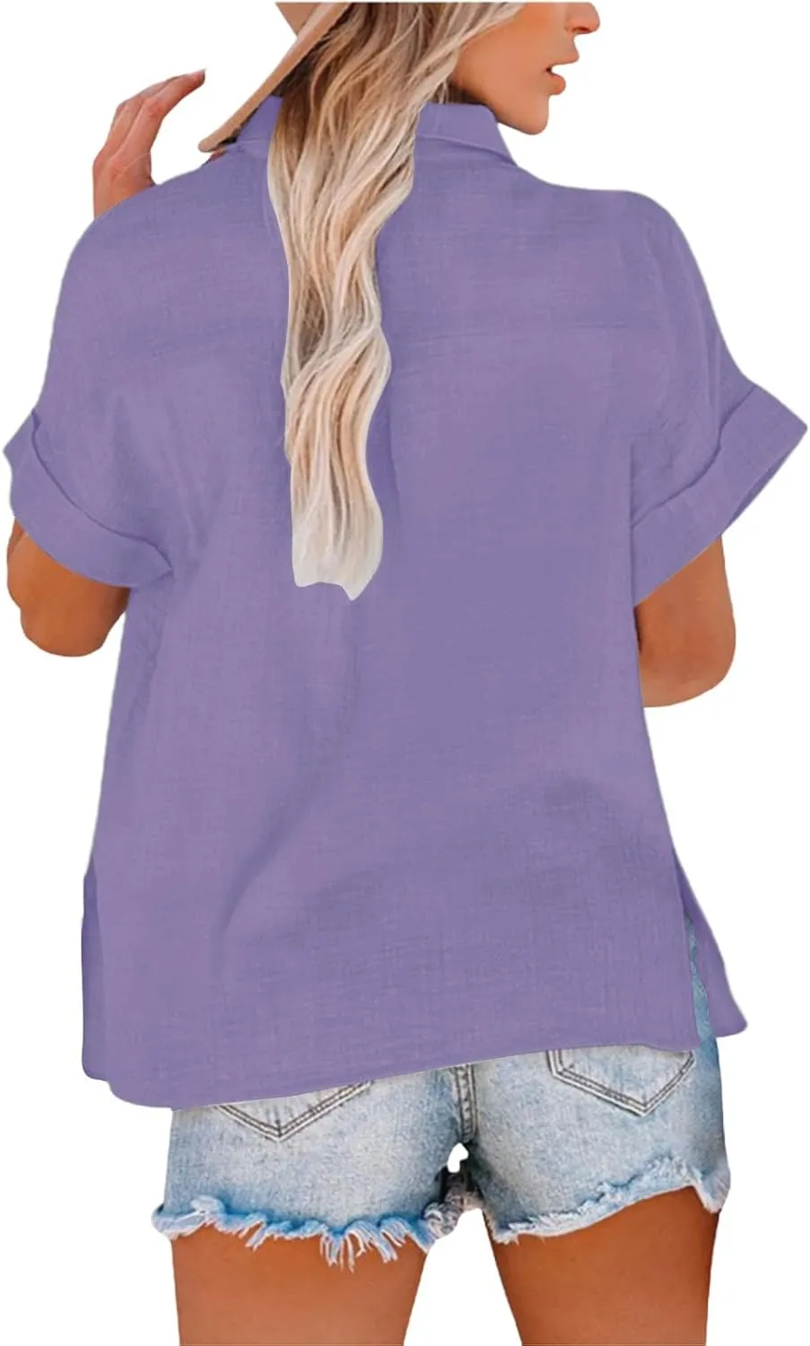 Linen Shirts for Women Button Down Shirts Short Sleeve Cotton Collared V Neck Solid Casual Blouses with Pockets