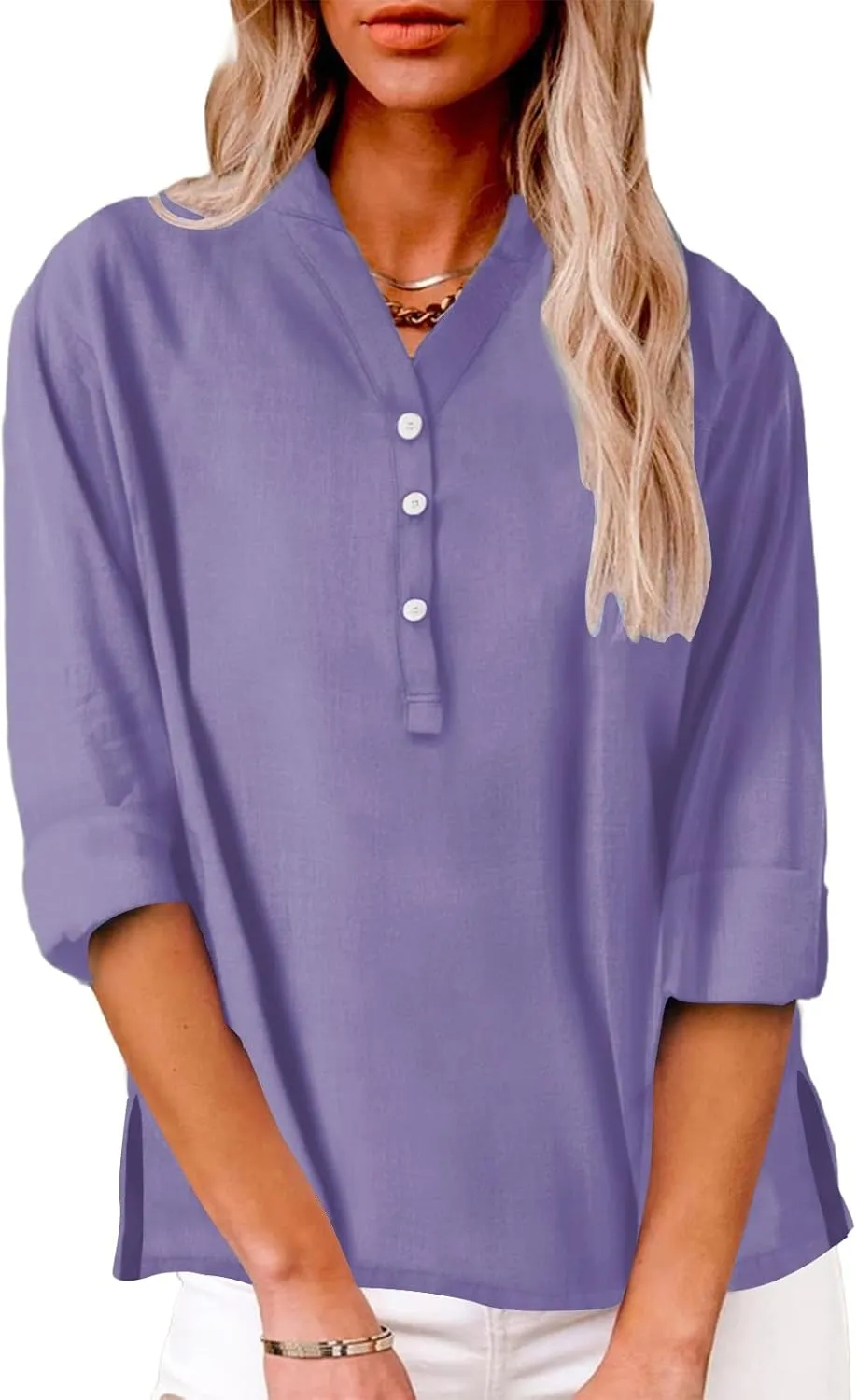 Linen Shirts for Women Button Down Shirts Short Sleeve Cotton Collared V Neck Solid Casual Blouses with Pockets