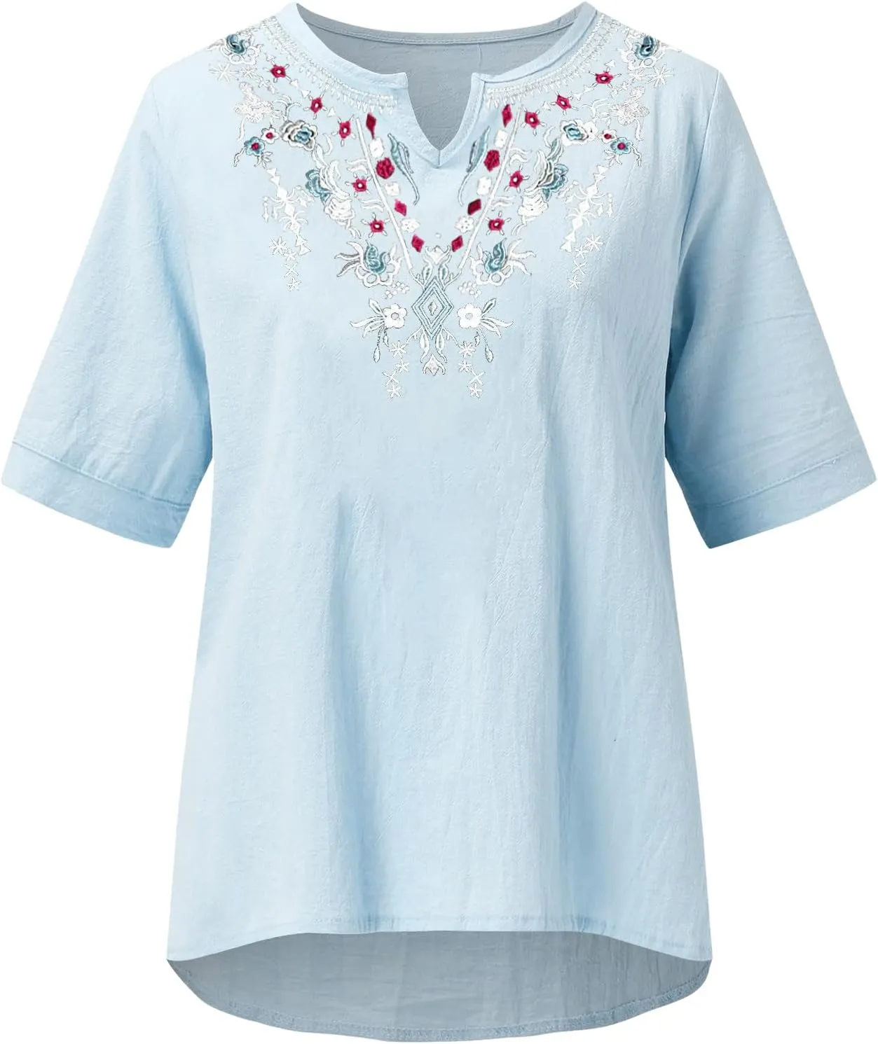 Linen Shirts for Women Short Sleeve Fashion Solid Color Blouses Trendy Loose Fit V-Neck T-Shirts Summer Clothes