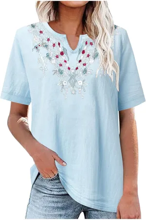 Linen Shirts for Women Short Sleeve Fashion Solid Color Blouses Trendy Loose Fit V-Neck T-Shirts Summer Clothes