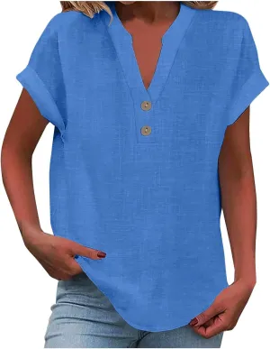 Linen Shirts for Women V Neck Cap Sleeve Summer Tops 2025 Women Casual Button Down Shirts Solid Business Work Blouses