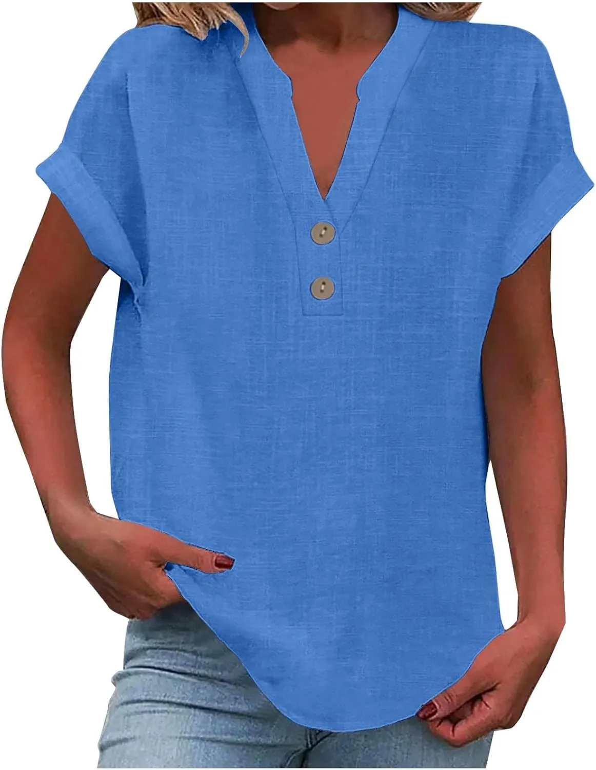 Linen Shirts for Women V Neck Cap Sleeve Summer Tops 2025 Women Casual Button Down Shirts Solid Business Work Blouses