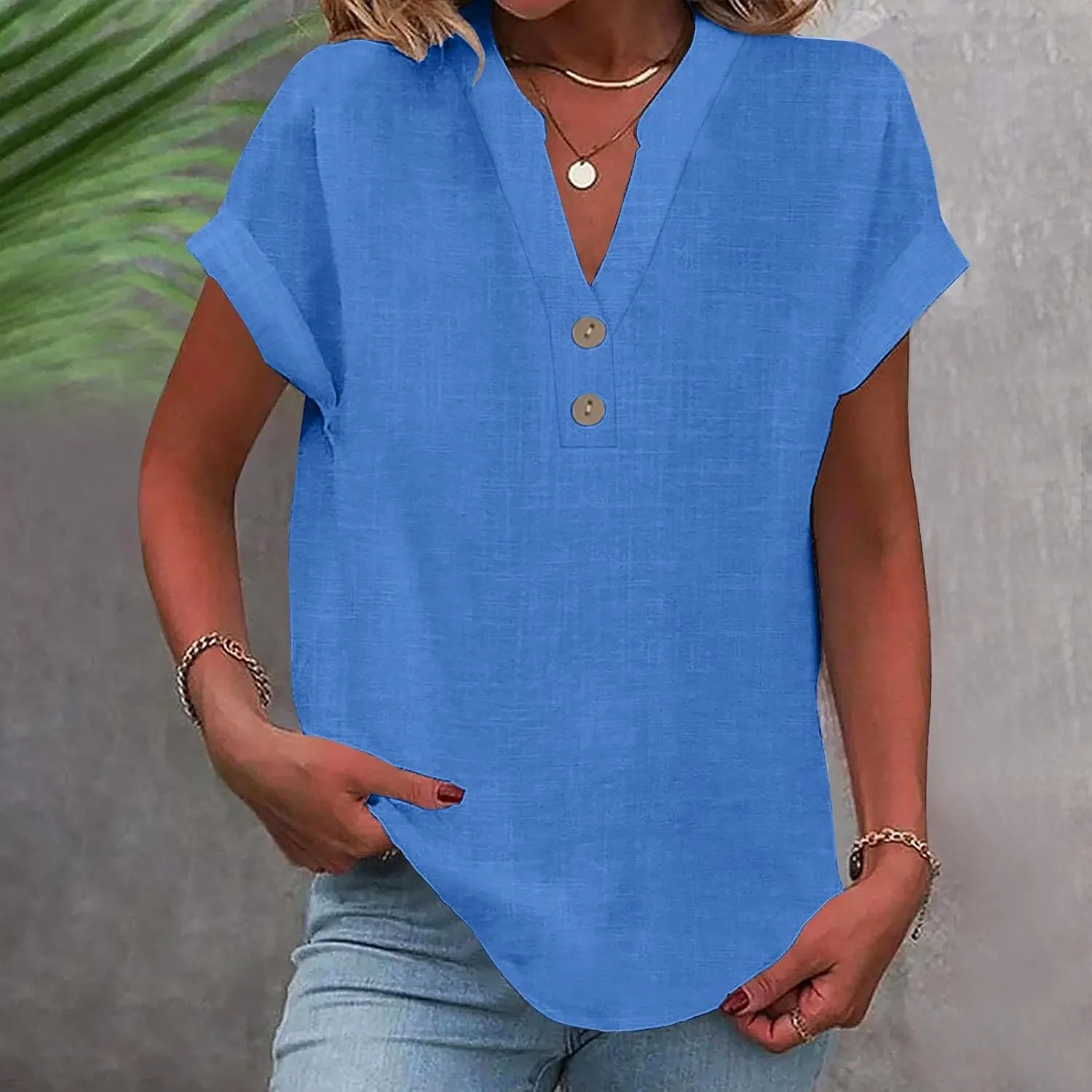 Linen Shirts for Women V Neck Cap Sleeve Summer Tops 2025 Women Casual Button Down Shirts Solid Business Work Blouses