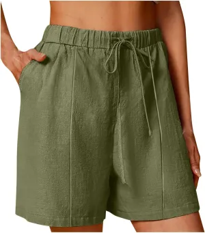 Linen Shorts for Women Drawstring Elastic High Waist Linen Shorts Casual Summer Beach Vacation Pants with Pockets