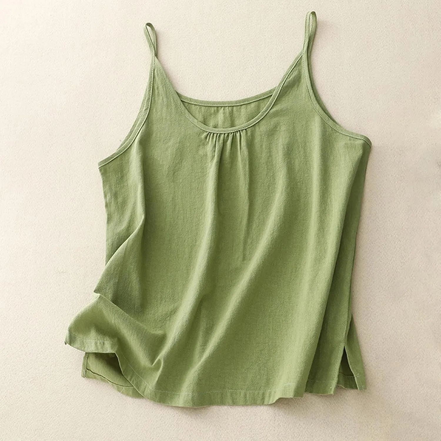Linen Sleeveless Tops for Women Pleated Spaghetti Strap Tank Tops Women Loose Fit Camisole Summer 2025 Casual Shirts