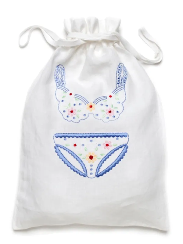 Lingerie Bag, White Cotton/Linen - Drawstring Closure