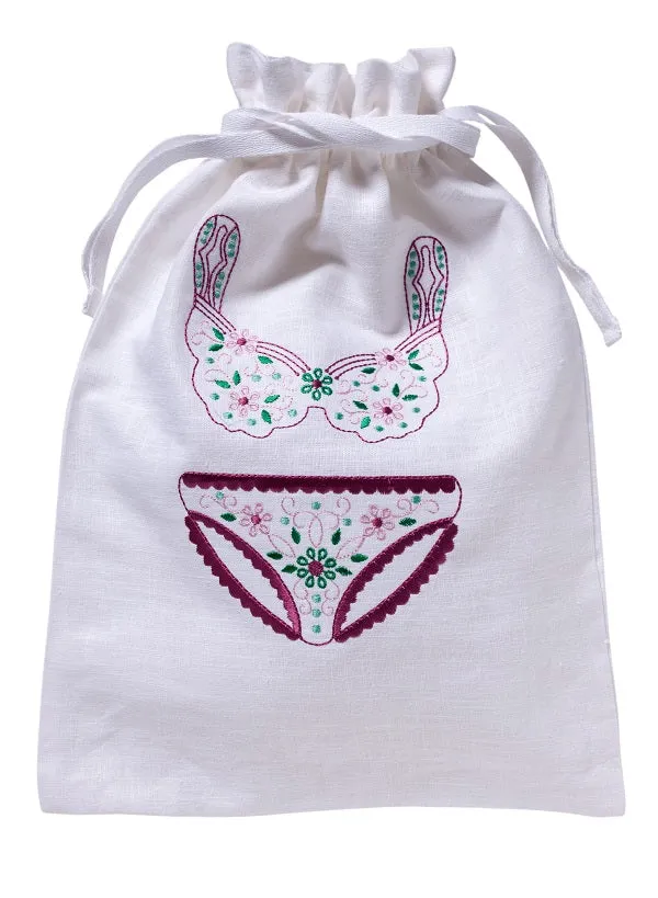 Lingerie Bag, White Cotton/Linen - Drawstring Closure