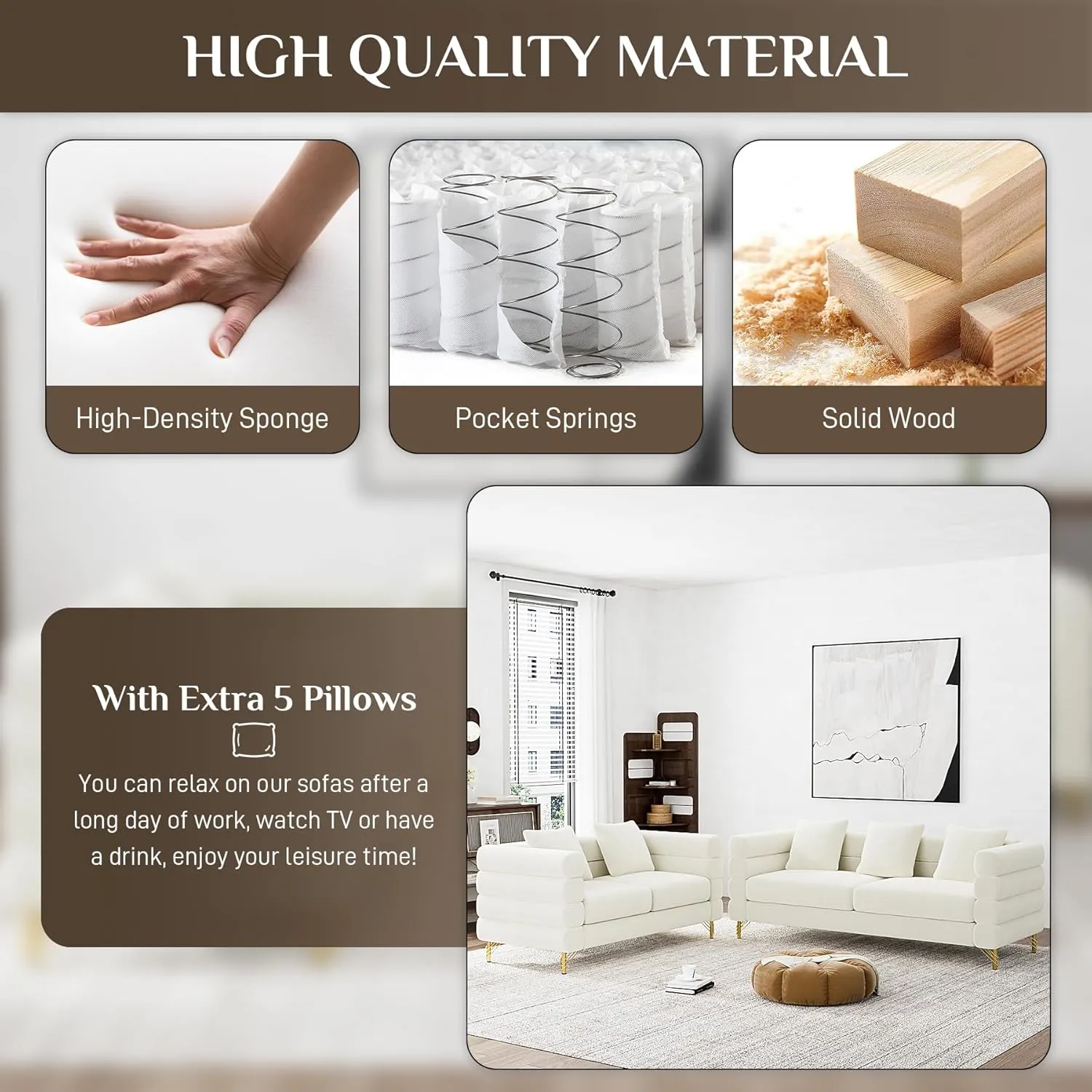 Living Room Sofa and Loveseat Set, Modern Comfy Overstuffed Velvet Deep Seat Cloud Couch with 5 Pillows, Oversized Chesterfield Furniture Sets for Living Room Bedroom, Ivory White Velvet