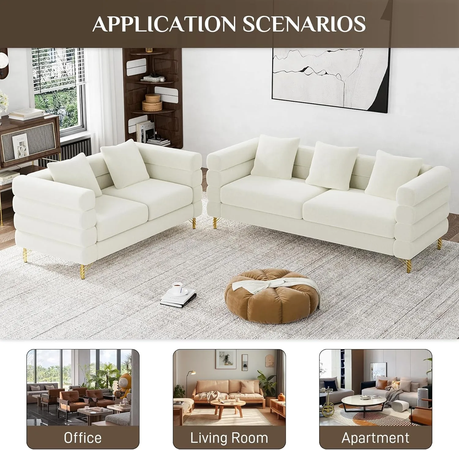 Living Room Sofa and Loveseat Set, Modern Comfy Overstuffed Velvet Deep Seat Cloud Couch with 5 Pillows, Oversized Chesterfield Furniture Sets for Living Room Bedroom, Ivory White Velvet