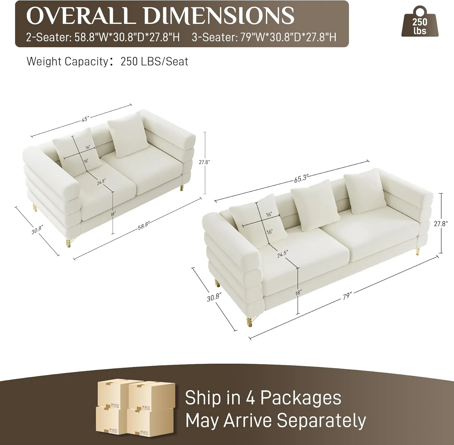 Living Room Sofa and Loveseat Set, Modern Comfy Overstuffed Velvet Deep Seat Cloud Couch with 5 Pillows, Oversized Chesterfield Furniture Sets for Living Room Bedroom, Ivory White Velvet