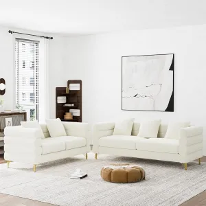 Living Room Sofa and Loveseat Set, Modern Comfy Overstuffed Velvet Deep Seat Cloud Couch with 5 Pillows, Oversized Chesterfield Furniture Sets for Living Room Bedroom, Ivory White Velvet