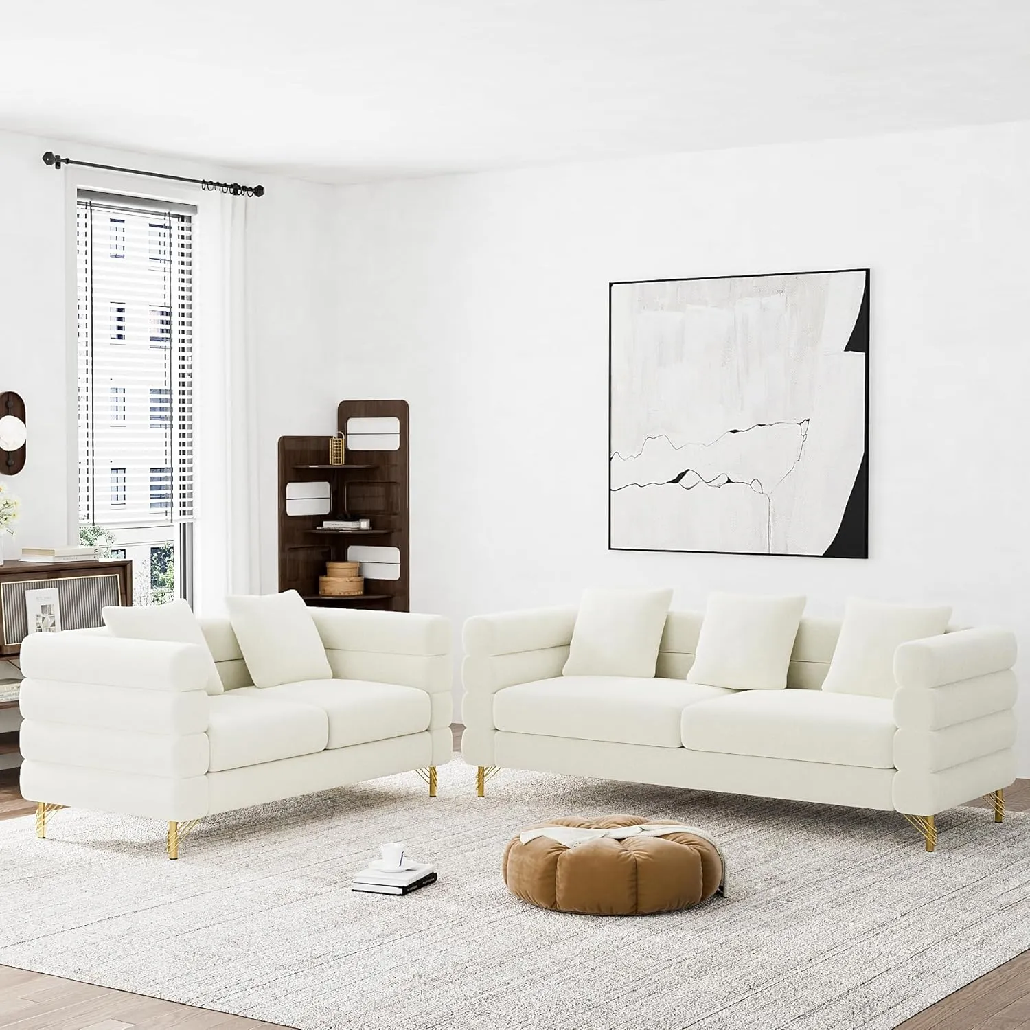 Living Room Sofa and Loveseat Set, Modern Comfy Overstuffed Velvet Deep Seat Cloud Couch with 5 Pillows, Oversized Chesterfield Furniture Sets for Living Room Bedroom, Ivory White Velvet