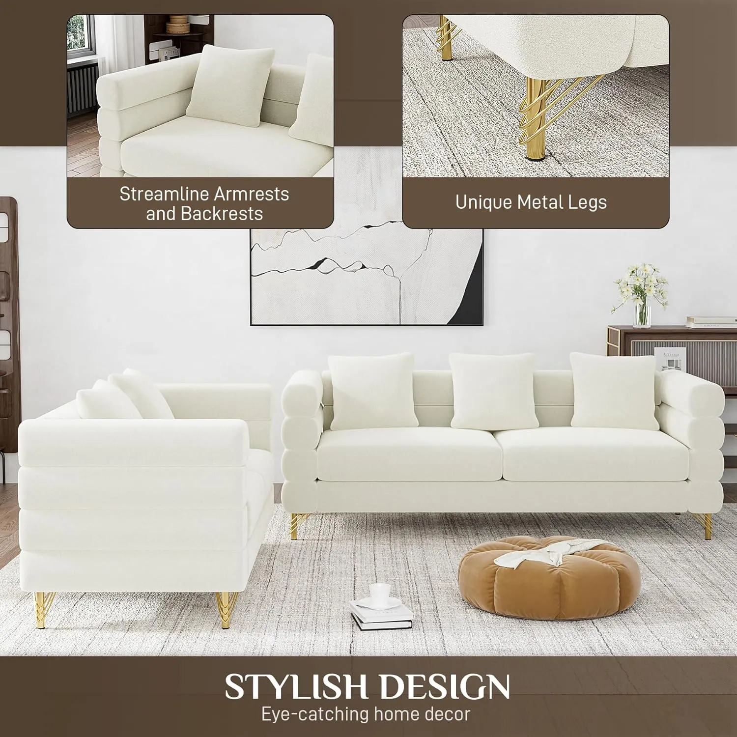 Living Room Sofa and Loveseat Set, Modern Comfy Overstuffed Velvet Deep Seat Cloud Couch with 5 Pillows, Oversized Chesterfield Furniture Sets for Living Room Bedroom, Ivory White Velvet
