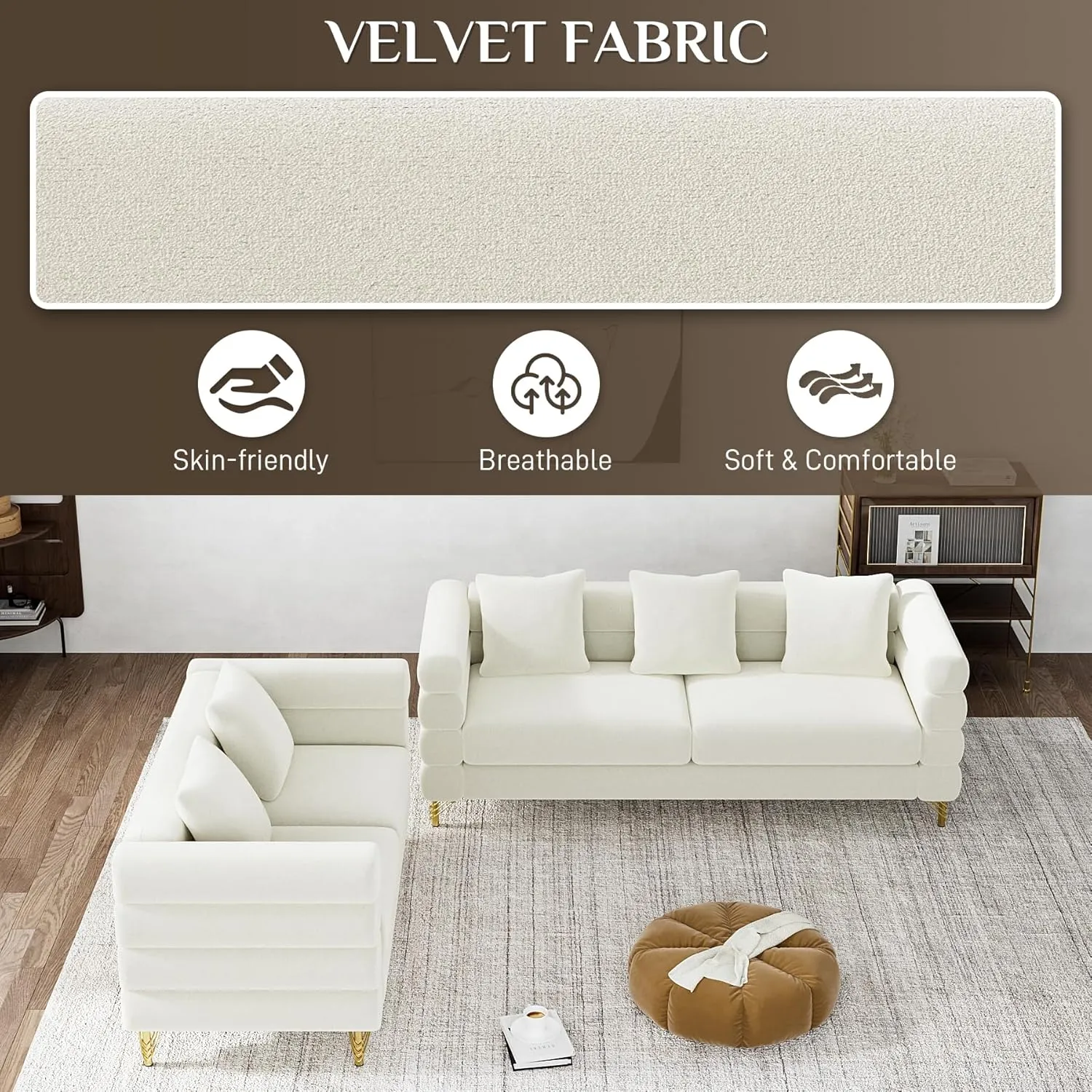 Living Room Sofa and Loveseat Set, Modern Comfy Overstuffed Velvet Deep Seat Cloud Couch with 5 Pillows, Oversized Chesterfield Furniture Sets for Living Room Bedroom, Ivory White Velvet