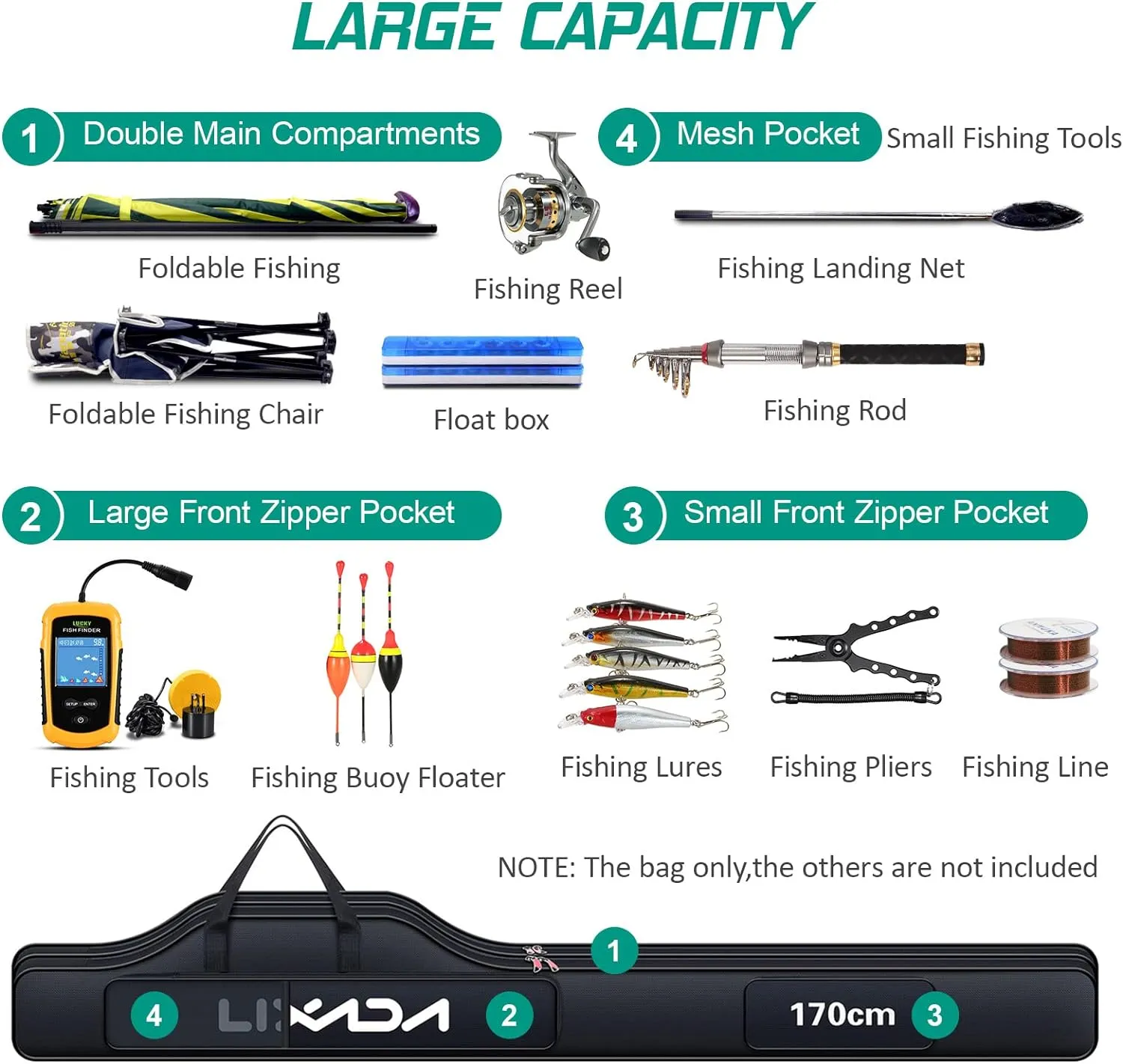 Lixada Fishing Rod Case - Portable Folding Pole and Reel Storage Bag, Gears Organizer
