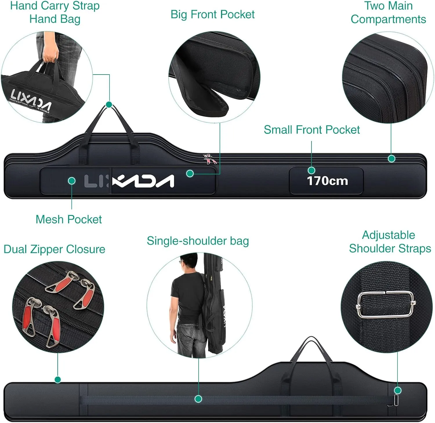 Lixada Fishing Rod Case - Portable Folding Pole and Reel Storage Bag, Gears Organizer