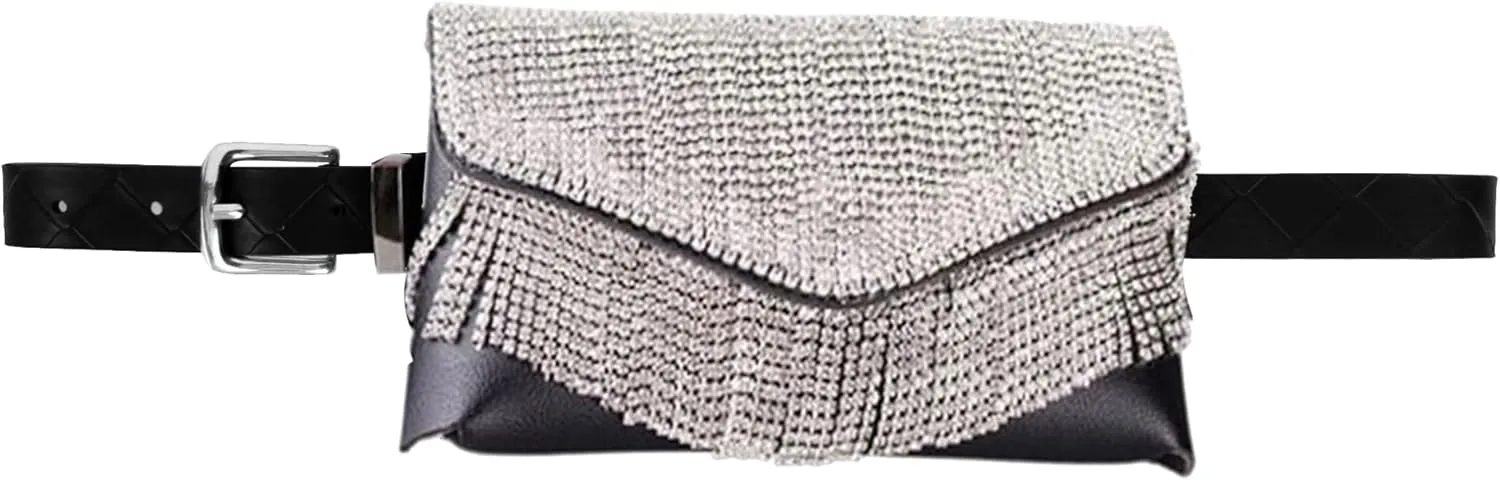 Lobagve Women Rhinestone PU Leather Fanny Pack Waist Bag Envelope Flap Clutch Cell Phone Purse Belt
