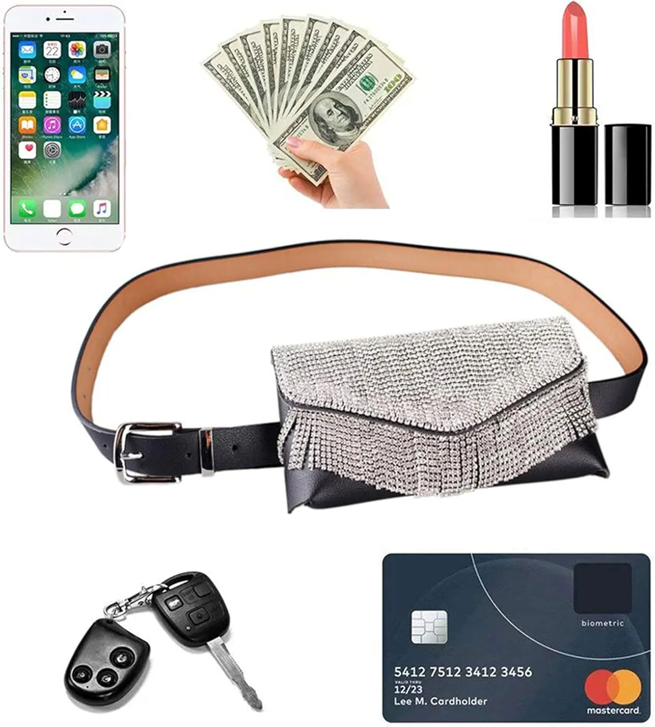 Lobagve Women Rhinestone PU Leather Fanny Pack Waist Bag Envelope Flap Clutch Cell Phone Purse Belt