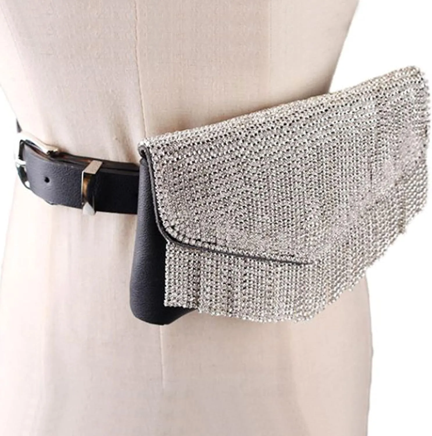 Lobagve Women Rhinestone PU Leather Fanny Pack Waist Bag Envelope Flap Clutch Cell Phone Purse Belt